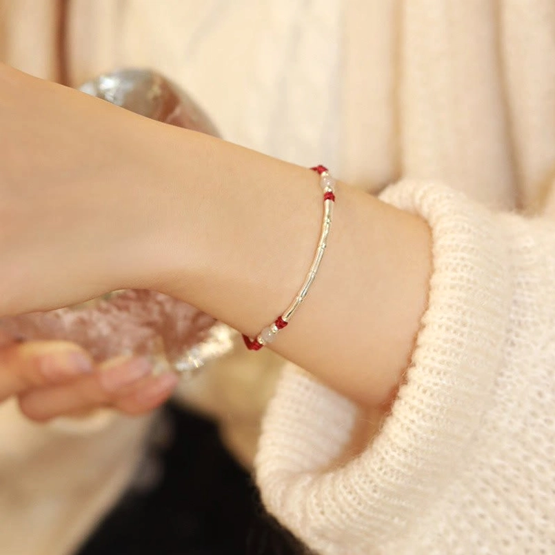 White agate sterling silver bamboo red string adjustable bracelet side view