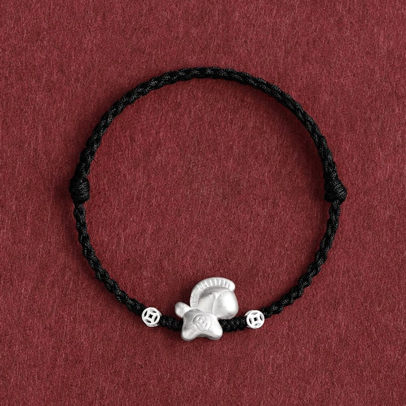 Year of the Horse black braided string bracelet with 999 sterling silver horse charm protective talisman