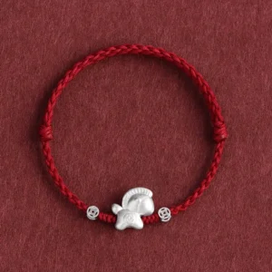 Year of the Horse dark red braided red string bracelet with 999 sterling silver horse charm and coin beads