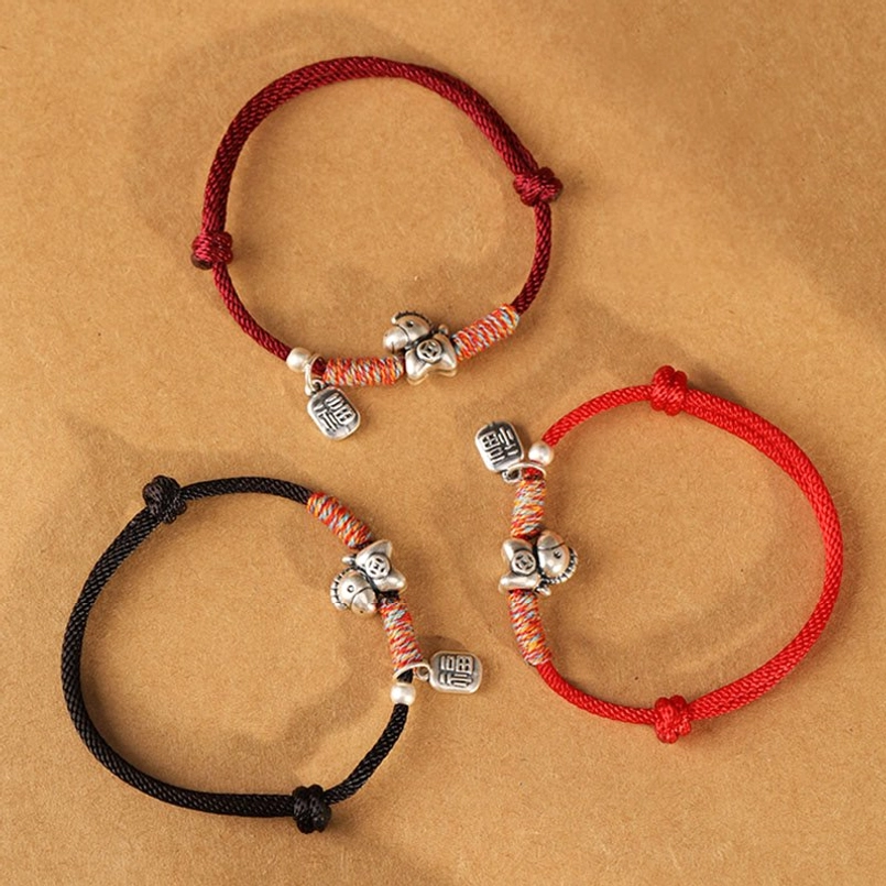 Year of the Horse fu character sterling silver bracelet with premium braided string cord and charm
