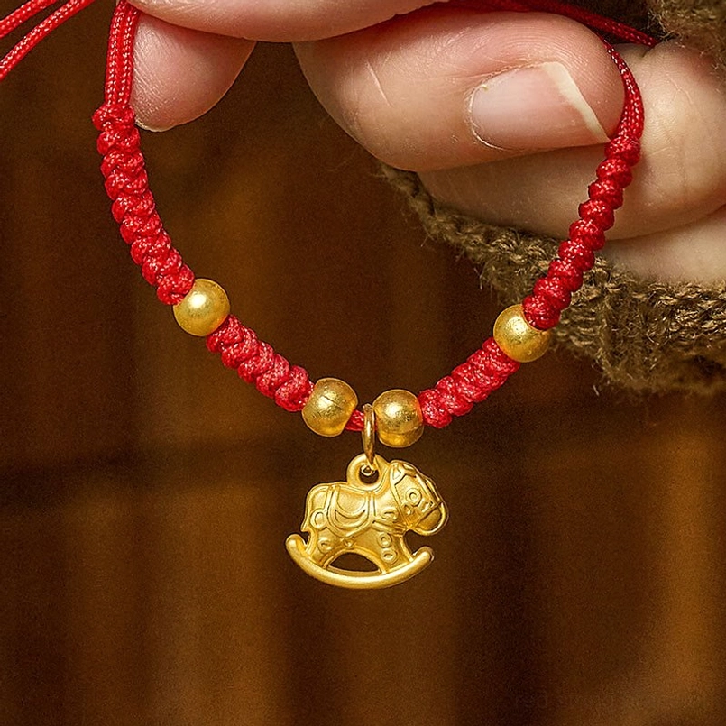 Year of the Horse red string copper bracelet with flat rocking horse charm and gold beads, adjustable knitted cord