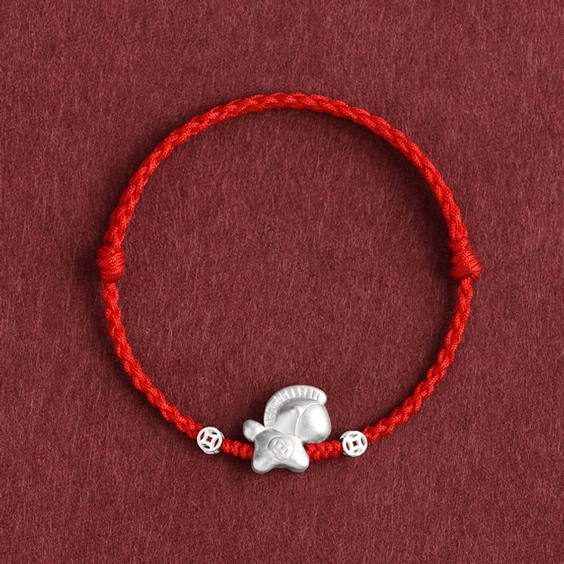 Year of the Horse bright red braided string bracelet featuring 999 sterling silver horse charm and coin beads