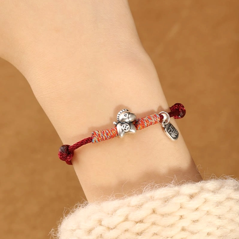 Premium handcrafted Year of the Horse zodiac luck bracelet with fu character and silver charms