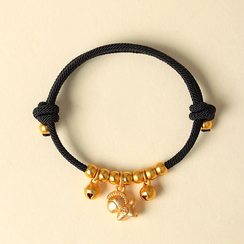 Year of the Horse black string bracelet with gold horse charm beads and bells adjustable fit