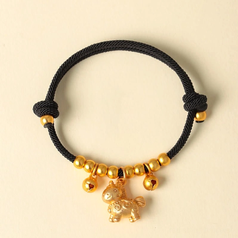 Year of the Horse gold horned horse black rope bracelet with bells lucky protection charm