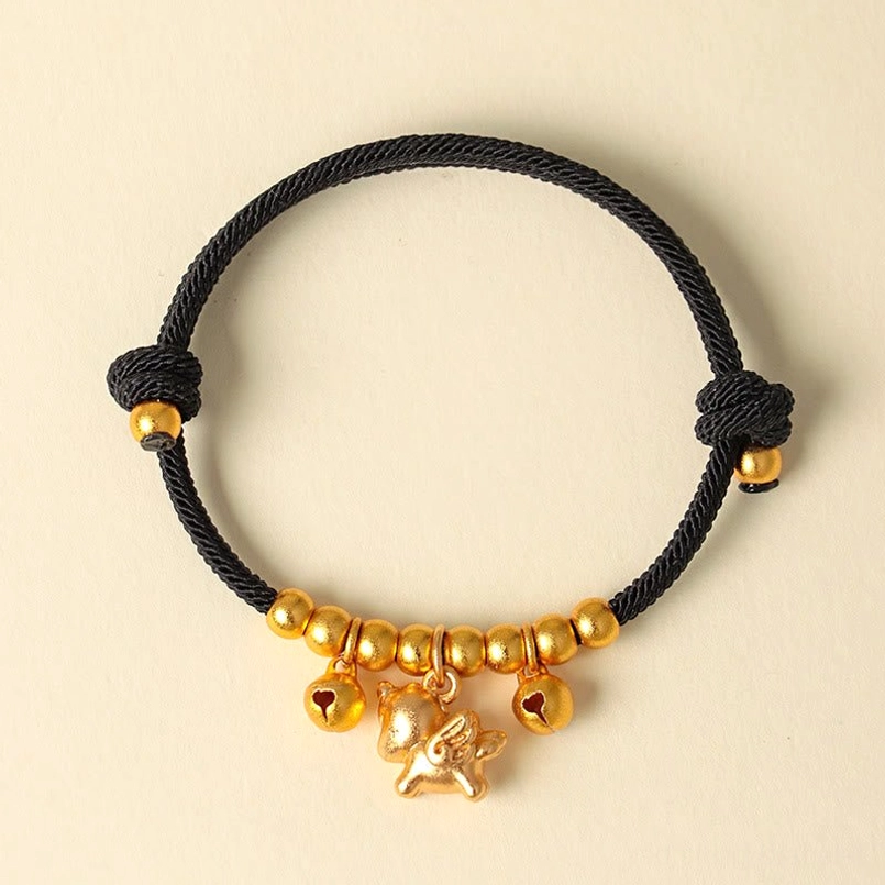 Year of the Horse gold winged horse black rope bracelet with bells lucky zodiac charm
