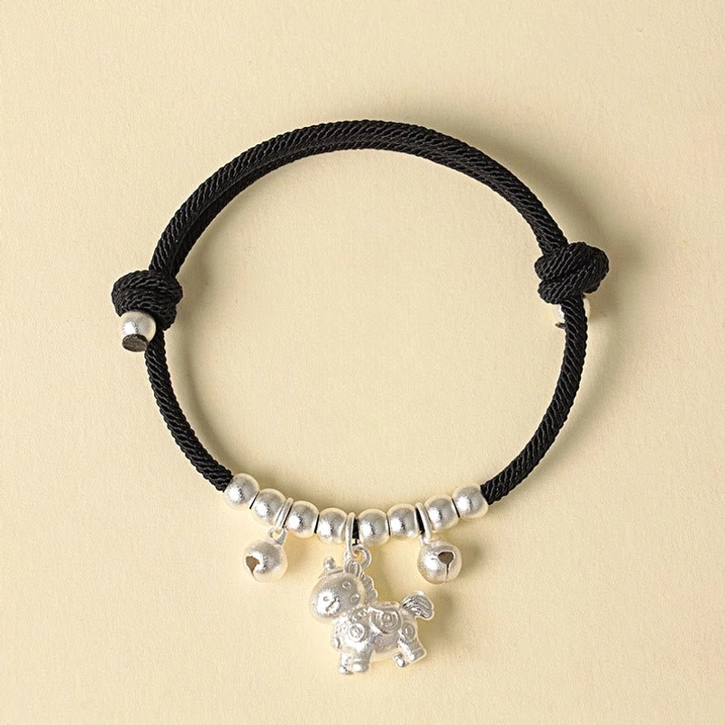 Year of the Horse silver horned horse black rope lucky bracelet with bells zodiac protection charm