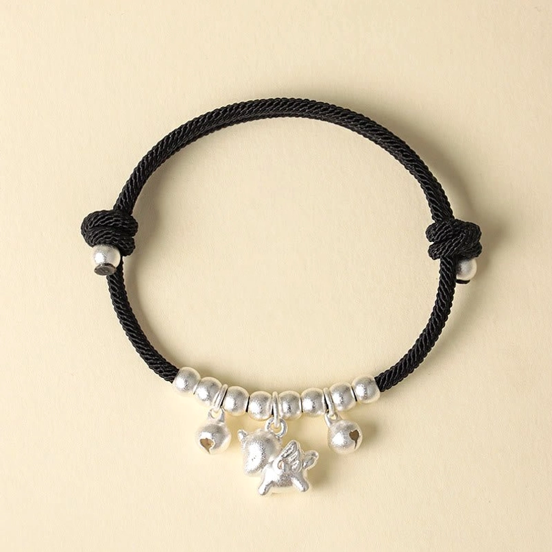 Chinese zodiac horse lucky bracelet silver winged horse black cord with bells protection charm