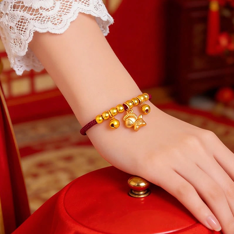 Red string horse bracelet worn on wrist with gold charms and bells against red festive background