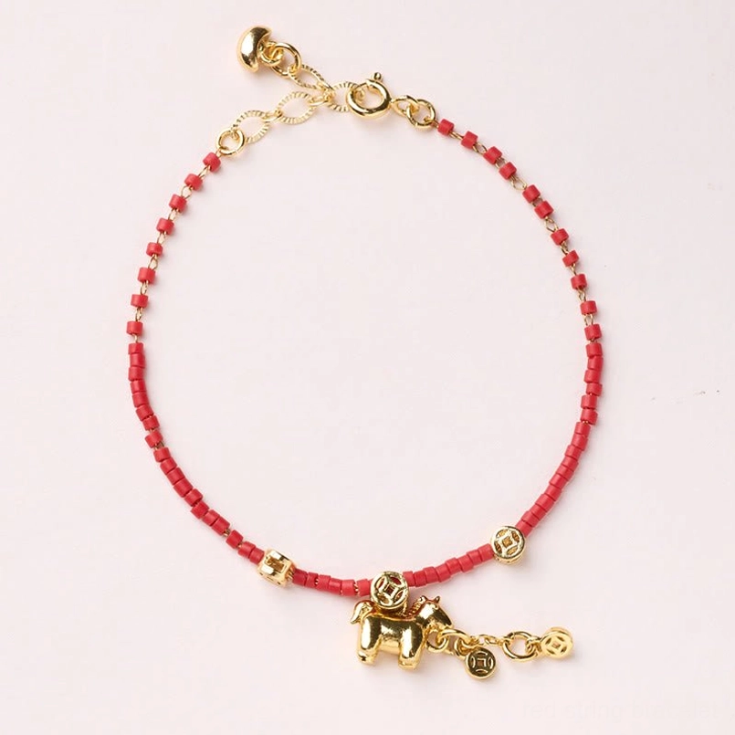 Year of the Horse coin bracelet with red liuli glass beads and 925 silver gold-plated coin charm