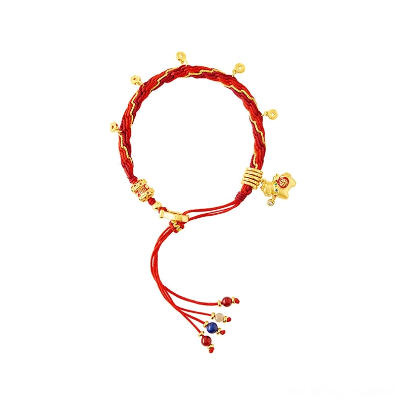 Complete Year of the Horse Fu bracelet set featuring red cord, gold plated charms, natural stones, and sizing information