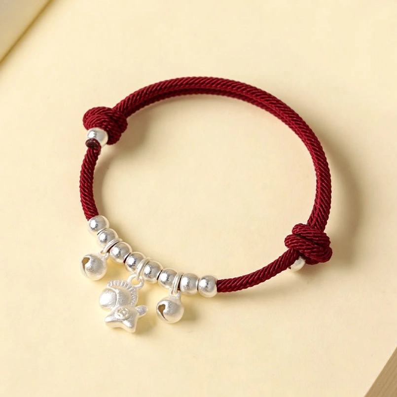 Chinese zodiac horse red cord bracelet with silver accents spacer beads bells adjustable