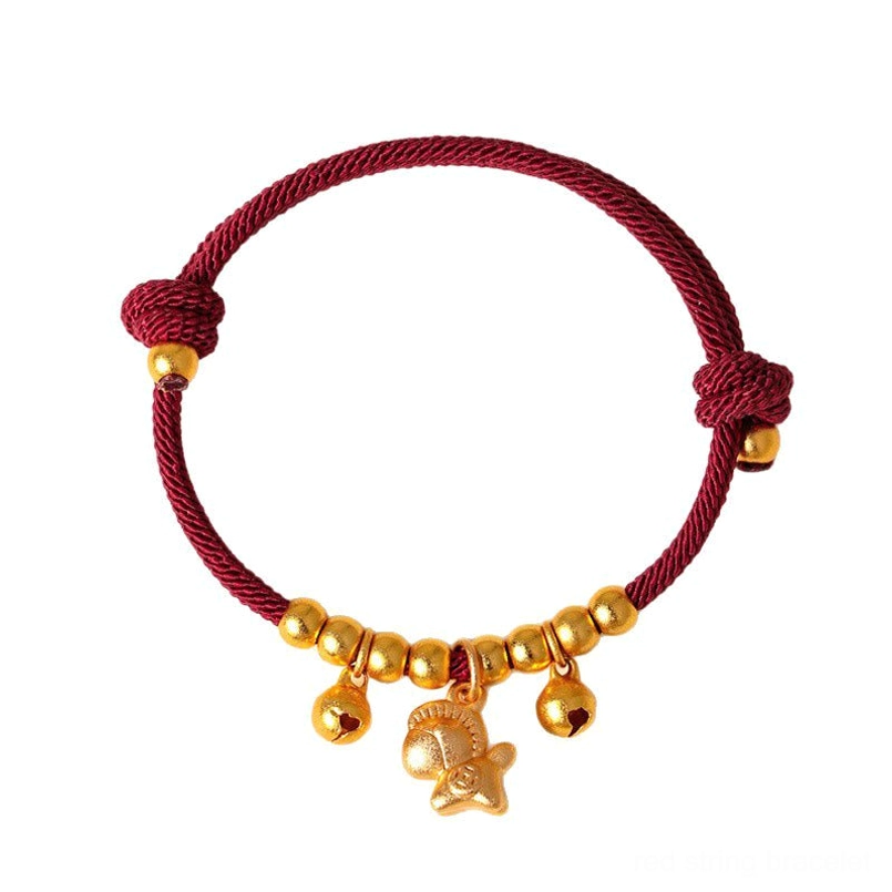 Year of the Horse red string lucky bracelet with gold spacer beads bells and horse pendant adjustable knots