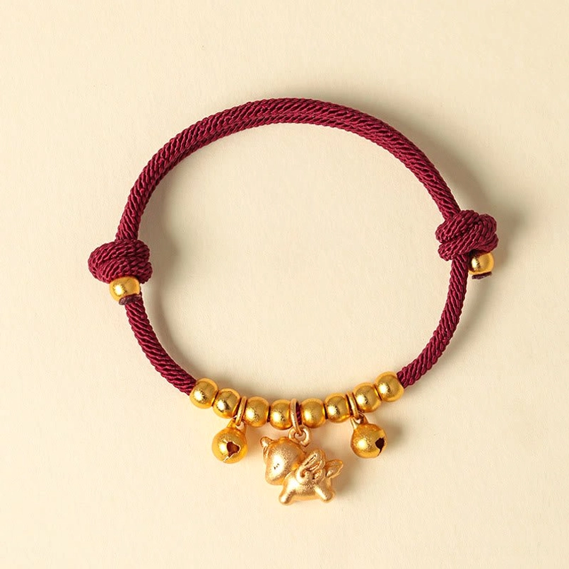 Red string zodiac horse bracelet with silver horse charm bells beads adjustable fate protection