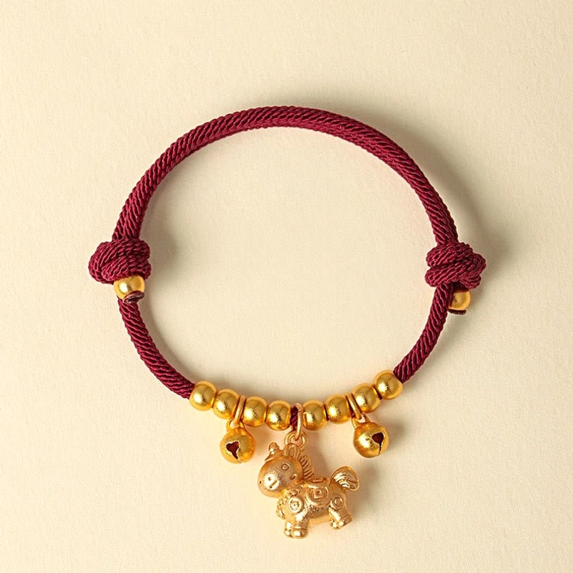 Year of the Horse gold horned horse red string bracelet with bells lucky zodiac protective cord