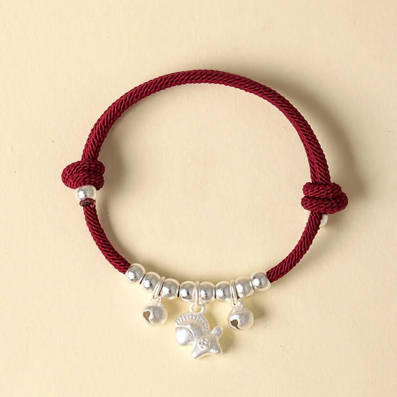 Red string lucky bracelet with silver horse charm beads and bells zodiac protection cord