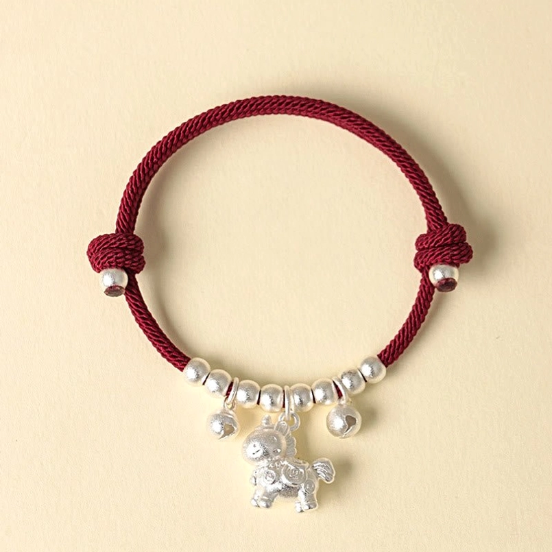 Chinese zodiac horse red string bracelet with silver horned horse charm bells protective lucky cord