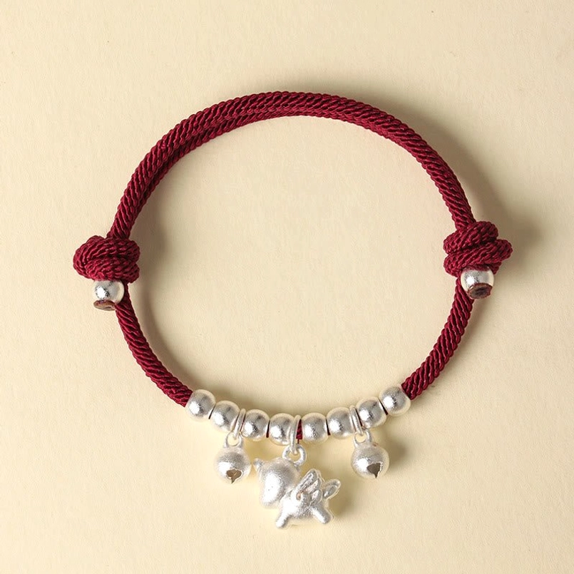 Year of the Horse silver winged horse red rope bracelet with bells lucky cord adjustable
