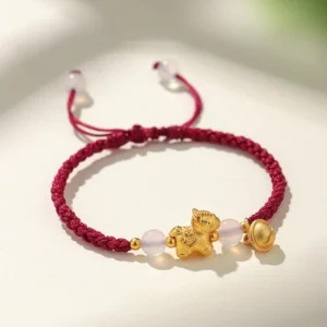 Year of the Horse red string bracelet with white agate flat lay view