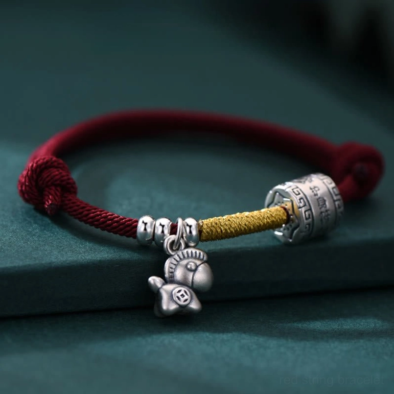 Sterling silver horse charm red string bracelet with gold woven thread accent detail