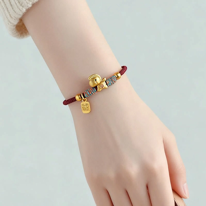 year of the horse fu charm red string bracelet worn on human wrist casual daily look