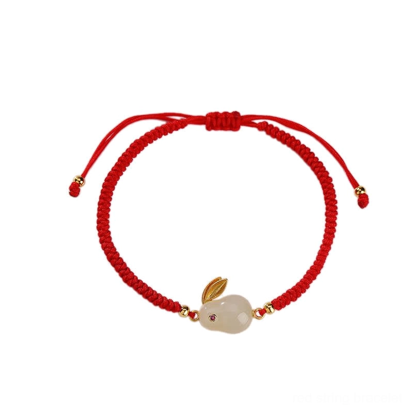 Year of Rabbit Hetian jade white stone bracelet with pull-adjustable red cord and jade rabbit charm