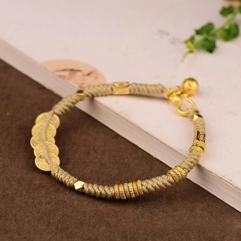 Yellow Rope Five Emperor Coins Fortune Bracelet Oblique Top View