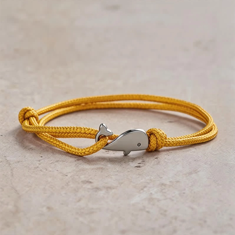 Yellow double wrap braided whale charm bracelet with silver clasp