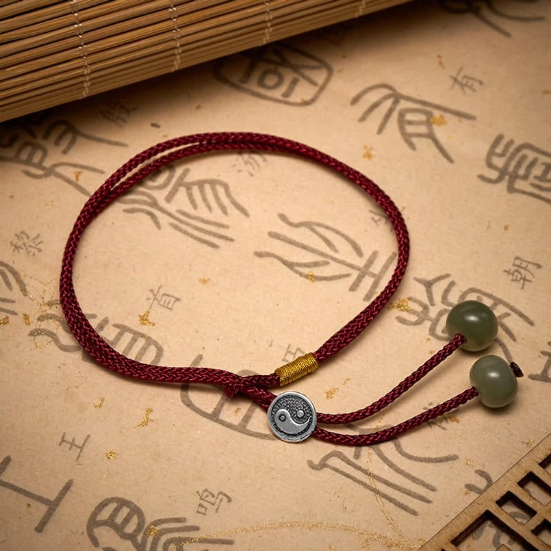 Complete view of handcrafted Yin Yang red string bracelet on calligraphy paper background