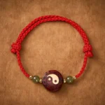 Purple sandalwood yin-yang red string bracelet flat lay with jade beads