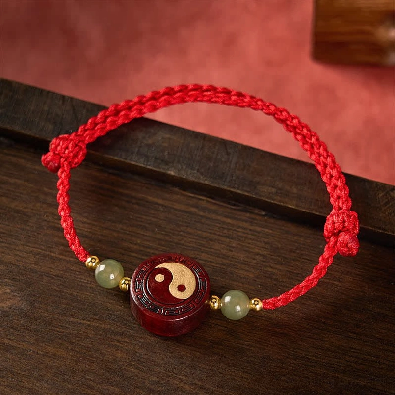 Yin-yang balance bracelet side view showing wooden charm detail