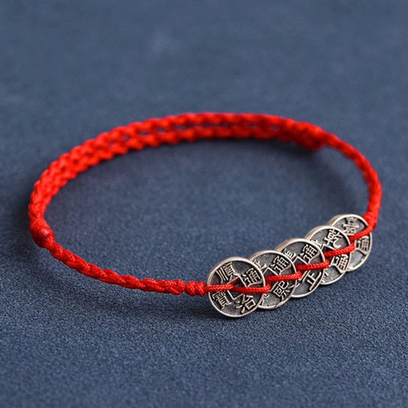 Yongzheng Emperor red string bracelet with harmony symbol 925 sterling silver coin
