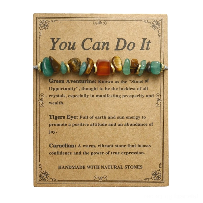 Full view of green aventurine tiger eye carnelian bracelet on kraft paper card