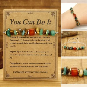 You Can Do It crystal bracelet with green aventurine tiger eye carnelian stones on wooden background