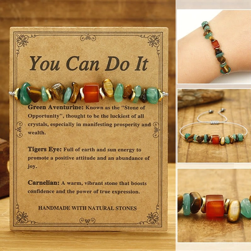 You Can Do It crystal bracelet with green aventurine tiger eye carnelian stones on wooden background