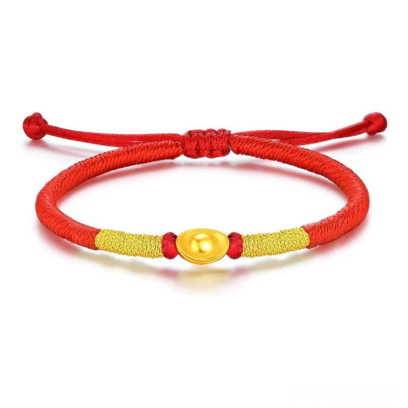 Front view red cord luck bracelet on white background with dual adjustable pull knots and gold bands