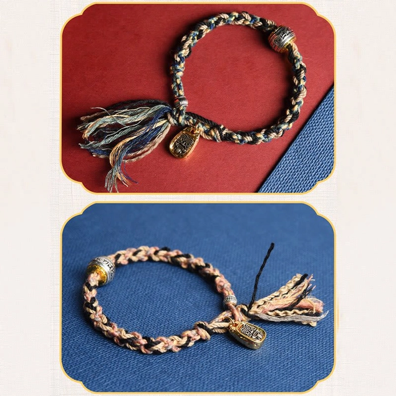 Two Zakiram sacred bracelets split view showing dark and light color options with tassels