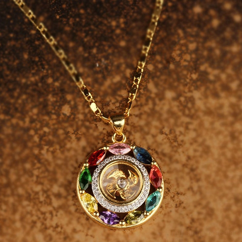 Close-up frontal view of rotating zircon copper pendant with diamond-like border on chain