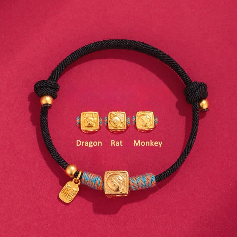 Dragon Rat Monkey black string protection bracelet with gold zodiac charms and fu pendant