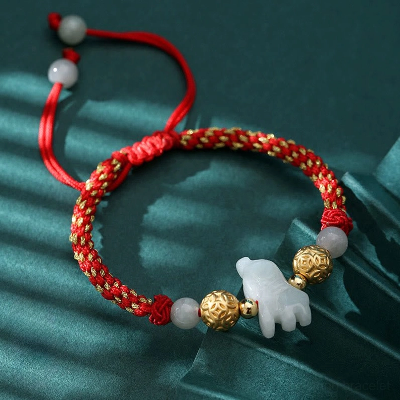 Chinese zodiac horse jade red string bracelet close-up charm detail