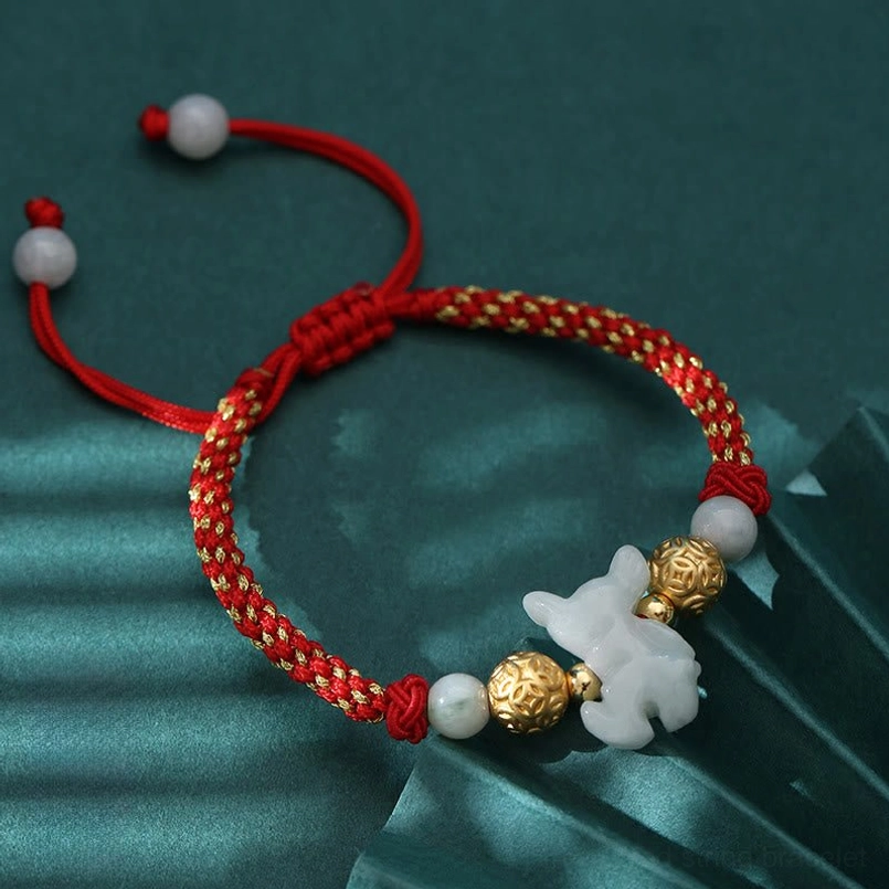 Chinese zodiac horse red string jade bracelet with sterling silver beads front view