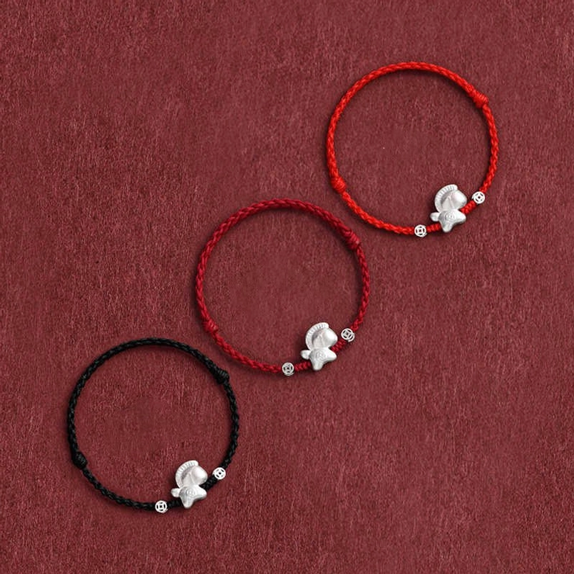 Set of three Chinese zodiac horse red and black braided red string bracelets with sterling silver charms