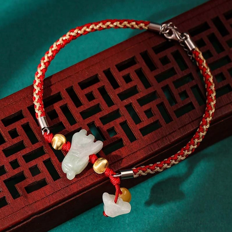 Zodiac jade red string bracelet with white and yellow dangling jade pieces