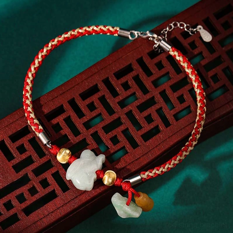 Chinese zodiac jade red string bracelet with dual jade pendants and gold beads