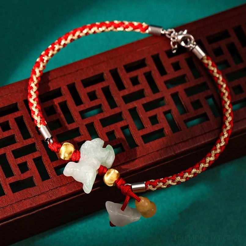 Chinese zodiac jade bracelet fortune luck red cord adjustable clasp