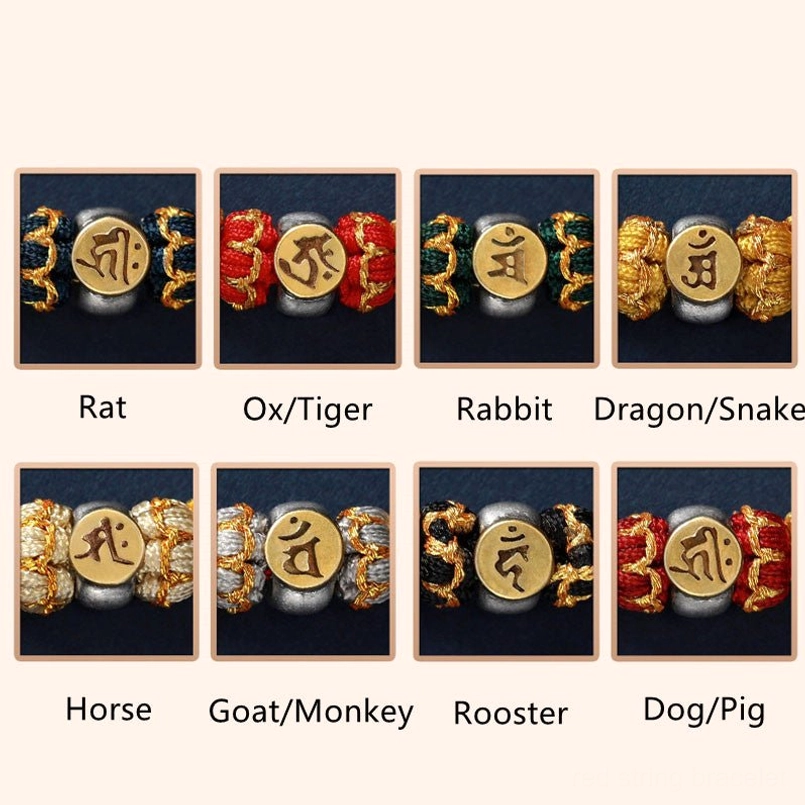 Complete zodiac natal buddha bracelet reference chart showing 12 zodiac signs with cord and mantra bead variations on pink background