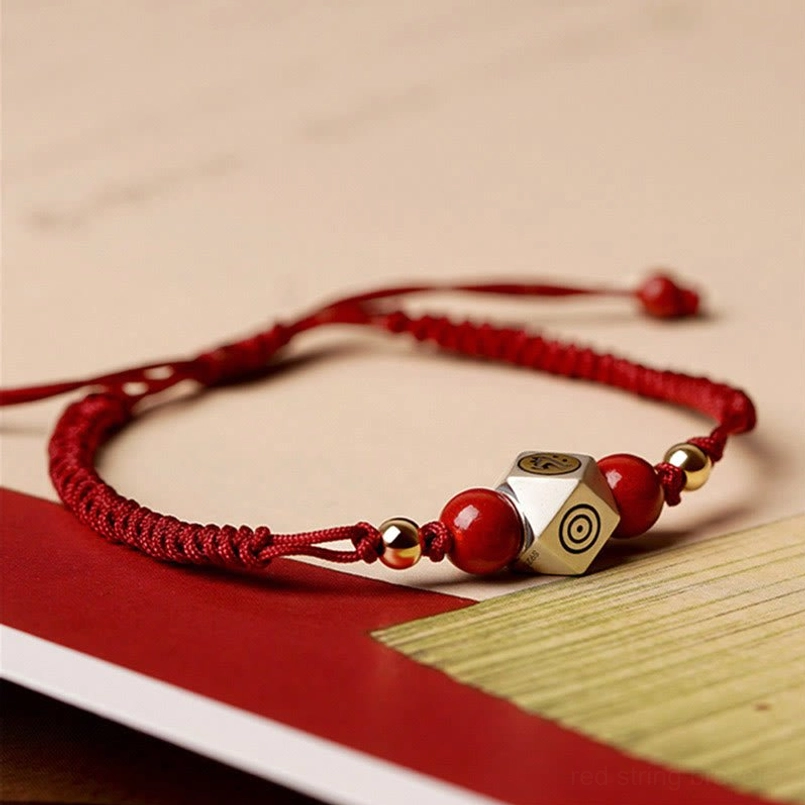 Handmade red zodiac natal Buddha cinnabar bracelet with sterling silver polygonal charm and beads