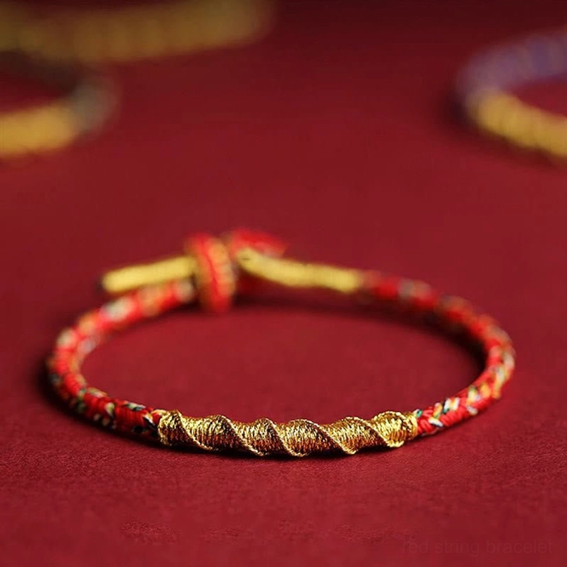 Red and gold twisted braided zodiac natal buddha string bracelet side view