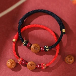 Chinese zodiac peach wood Fu bracelet collection - complete set featuring all 12 zodiac animals with red and black braided rope
