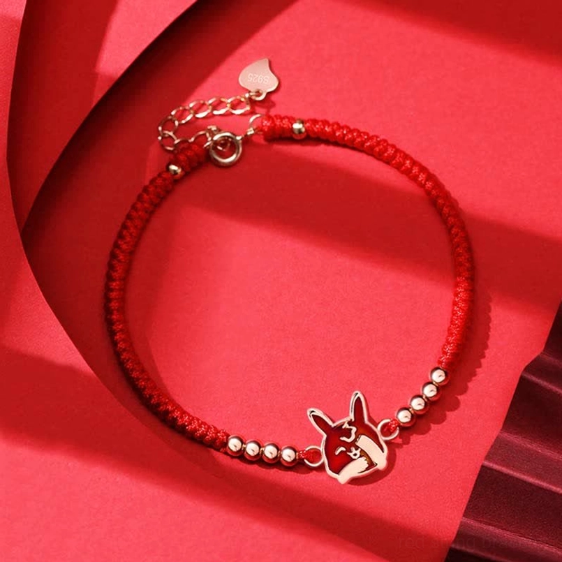 Chinese Zodiac Rabbit red string bracelet with enamel charm heart clasp and gold beads